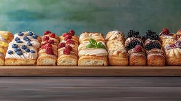 An exquisite array of delectable pastries beautifully arranged on a rustic wooden table for a tempting display photo