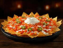 Generous bowl of crunchy nachos topped with melted cheese, jalapenos, and fresh ingredients for a perfect snack photo