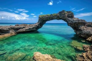 Serene Coastal Rock Arch and Vibrant Turquoise Waters photo
