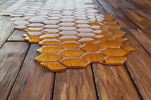 Discover the captivating beauty of hexagonal wood tiles seamlessly blending into a rustic wooden floor, creating a stunning design This close-up shot showcases the texture and rich colors of the photo