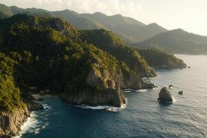 Secluded Coastal Cove With Lush Green Hills And Rocky Cliffs photo