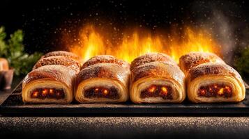 Freshly baked bunch of hot buns with golden brown crusts on a wooden surface ready to be served warm photo