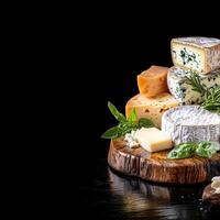 Stunning display of various cheeses on a wooden board perfectly styled for a gourmet cheese tasting or gathering event photo