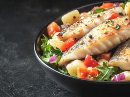 Flavorful fish dish accompanied by fresh vegetables for a healthy and delicious culinary experience photo