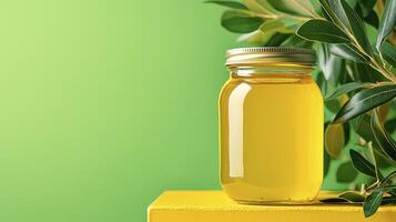 Discover the Golden Elixir A Captivating Still Life Image of Honey in a Glass Jar, Bathed in Warm, Natural Light, Accented with Fresh Green Olive Branches, Set Against a Vibrant Green Backdrop photo