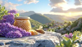 Discover the golden delight of nature's sweetness, a picturesque scene of honey jar, buzzing bee, and vibrant lavender against a stunning mountain backdrop at sunset, capturing the essence of organic photo
