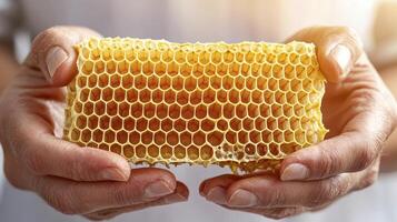 Discover the golden treasure held within nature's perfect architecture, a honeycomb dripping with sweet, natural honey, presented lovingly in human hands Explore the intricate geometric patterns that photo