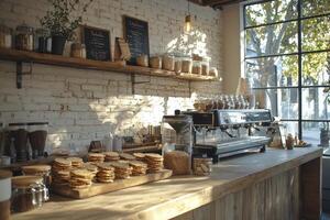 Discover the inviting ambiance of a sun-drenched cafe, a haven for coffee lovers and pastry enthusiasts alike This warm and cozy setting features rustic wooden counters adorned with freshly baked photo