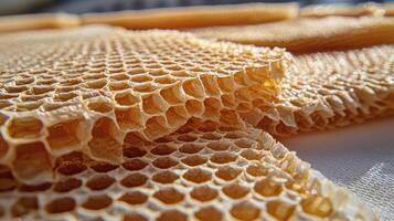 Discover the intricate beauty of natural honeycomb with this detailed close-up photograph, showcasing the delicate hexagonal cells meticulously crafted by bees Explore the fascinating world of photo