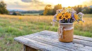 Discover the serene beauty of a rustic countryside scene with a charming flower arrangement Golden sunflowers and delicate wildflowers burst from a quaint mason jar, resting atop a weathered wooden photo