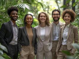 Diverse Business Team Success Five Smiling Professionals in Lush Green Environment Collaboration, unity, and environmental consciousness embodied in this portrait Achieving goals together while photo