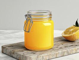 Discover the vibrant world of homemade lemon curd in a charming glass jar This image captures the essence of fresh, citrusy goodness, showcasing a bright yellow spread perfect for desserts, baking photo