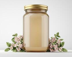 Elegant Honey Jar Mockup with Floral Accents, Premium Liquid Gold Presentation in a Clear Glass Container, Natural Sweetener Product Display, Customizable Label Space, Perfect for Branding photo