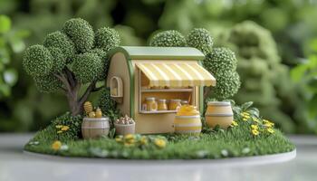 Enchanting Miniature Honey Stand Amidst Lush Greenery A Captivating Scene of Serenity and Sweetness This Delightful Display Showcases a Quaint Little Shop, Nestled Amongst Verdant Foliage, Evoking a photo