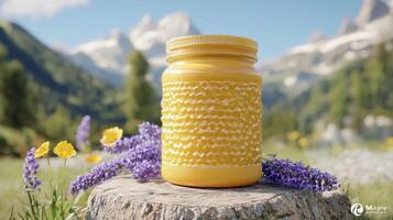 Experience the Natural Goodness A jar of golden honey sits nestled amidst a picturesque mountain meadow, adorned with vibrant lavender and wildflowers, capturing the essence of nature's bounty The photo