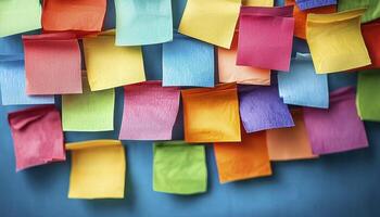 Explore a vibrant collection of colorful sticky notes against a serene blue backdrop, capturing the essence of organization, reminders, and creative brainstorming, perfect for visualizing project photo