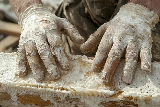 Explore the Art of Craftsmanship A Detailed Look at Hands Engaging with a White, Plaster-Covered Surface, Showcasing the Texture, Detail, and Skill Involved in Manual Labor and Construction Observe photo