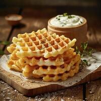 Explore the delightful world of golden waffles, a culinary delight that perfectly blends crispy textures with fluffy interiors, offering a versatile base for both sweet and savory creations Discover photo