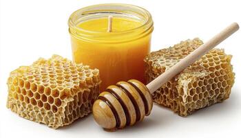 Explore the Golden Glow of Nature's Sweetness A Still Life Depicting Honey, Comb, and a Handmade Candle Discover the Rich Textures and Warm Colors of this Natural Composition From the Intricate photo