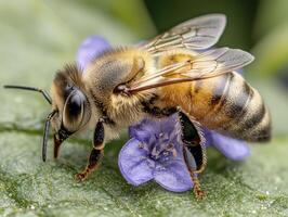 Explore the intricate beauty of nature with this captivating image of a honeybee gracefully perched upon delicate violet flowers Witness the harmonious dance between pollinator and blossom, capturing photo