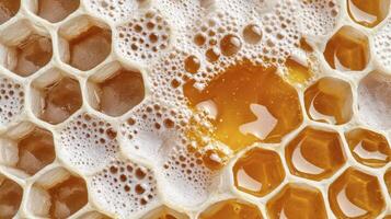 Explore the intricate beauty of honeycombs with this close-up image showcasing golden honey, nature's sweet nectar Discover the perfect visual for blogs, websites, and educational content related to photo