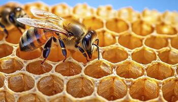 Explore the intricate world of honeybees and their golden honeycomb A detailed macro photograph capturing the essence of nature's sweet creation Witness the diligent work of bees as they construct photo