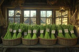 Explore the rustic charm of a farmhouse market with bountiful bundles of vibrant green asparagus displayed in wicker baskets, evoking the essence of fresh, locally sourced produce The scene is bathed photo
