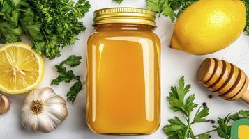 Explore the natural goodness of homemade remedies with this vibrant image showcasing a jar of golden honey surrounded by fresh ingredients like lemons, garlic, and parsley, perfect for illustrating photo