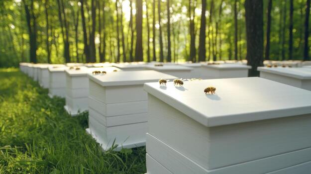 Explore the serene beauty of a vibrant forest scene, where rows of pristine white beehives stand gracefully amidst lush greenery and dappled sunlight, a testament to nature's harmonious blend of photo
