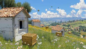 Explore the Serene Beauty of Tuscany A Picturesque Landscape Featuring Rustic Buildings, Rolling Hills, and Vibrant Wildflowers Discover the Charm of the Italian Countryside with this Captivating photo