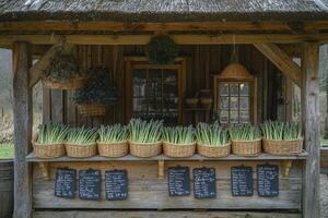 Explore this charming farmer's market stall overflowing with fresh asparagus, presented in rustic woven baskets Discover the allure of local produce, highlighted by handwritten chalkboard menus photo