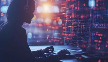 Explore the world of technology and innovation with a captivating image featuring a person engrossed in front of a computer screen, surrounded by intricate code and futuristic visual elements that photo