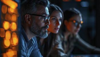Focused teamwork depicted in this image, capturing collaboration among professionals in a modern workspace The scene highlights concentration and shared goals as team members engage with technology photo