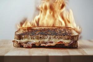 Fiery Grilled Cheese Sandwich A Delicious Indulgence Captured in a Dramatic Image Explore the intense heat and melted cheese in this captivating photograph, perfect for food blogs, culinary websites photo