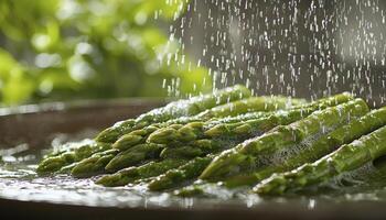 Fresh green asparagus spears, a vibrant and healthy vegetable, are being lightly drizzled with water, showcasing their natural beauty and crisp texture This image captures the essence of wholesome photo