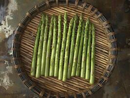 Fresh Green Asparagus Spears Arranged Neatly on a Woven Round Tray, a Culinary Delight and Healthy Vegetable, Perfect for Spring Recipes and Dietary Dishes Showcasing the Natural Beauty of Fresh photo