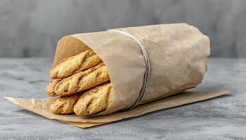 Freshly Baked Baguettes in Rustic Paper Wrapping A Close-Up Still Life Photograph Showcasing Artisan Bread and the Warmth of a Bakery, Perfect for Food Blogs and Culinary Projects Capture the Essence photo