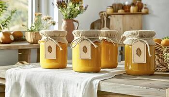 Golden Delight Capturing the Warmth and Rustic Charm of Homemade Jams, Preserves, and Marmalades Displayed in Adorable Glass Jars with Twine Accents and Rustic Labels, Perfect for Food Photography photo