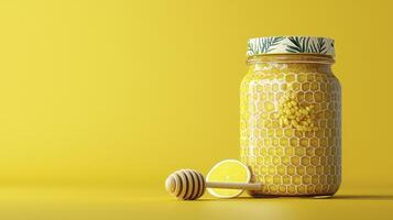 Golden Elixir A Radiant Jar of Honey Delight, Bathed in Sunshine Yellow This captivating image showcases the viscous, sweet amber honey within a decorative jar, highlighting its natural goodness and photo