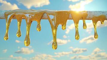 Golden Drips A Captivating Close-Up of Viscous Liquid Flowing Against a Blue Sky Backdrop Explore the Intricate Details of the Dripping Substance, Enhanced by Sunlight, Highlighting Its Color and photo