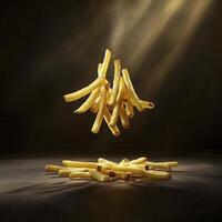 Golden French Fries Still Life Capturing the Crispy Delight in High Resolution A mouthwatering studio shot of perfectly golden fries, artistically arranged to highlight their texture and photo