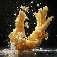 Golden fried dough, a delightful snack captured in mid-air against a sleek black backdrop, offers a symphony of textures and flavors This culinary masterpiece embodies crispy perfection and sugary photo