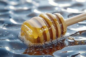 Golden Honey Delight A Close-Up Capture of Nature's Sweetness with a Wooden Dipper, Showcasing the Rich Amber Color and Viscous Texture, Perfect for Food Photography, Recipe Illustrations, or photo