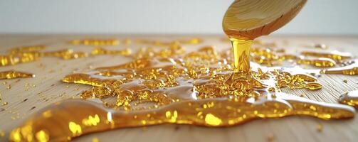 Golden Honey Drip Capturing the Sweet Essence of Nature's Nectar with a Spoon A Close-Up Shot of Honey Being Poured, Illustrating Its Viscosity and Natural Texture Showcase the Richness and Purity of photo