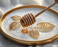 Golden Honey Drizzle A Captivating Still Life Photograph Showcasing the Sweetness and Richness of Natural Honey on a Decorative Plate with Gilded Leaf Accents The Warm Tones and Delicate Details photo