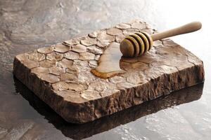 Golden Honey Drizzled on Rustic Stone Slab A Captivating Still Life Photograph Showcasing Natural Sweetness, Featuring an Intricate Honeycomb Texture on a Brown Textured Surface, Complemented by a photo