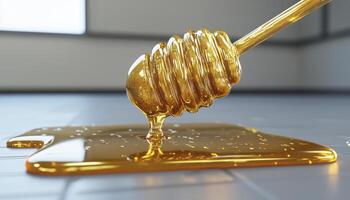 Golden Honey Drizzling from a Wooden Dipper A Sweet and Sticky Treat, Depicting Natural Sweetness and Golden Texture, Perfect for Food Photography, Recipes, and Health-Related Content Explore the photo