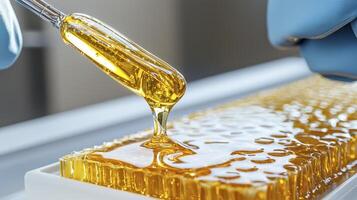 Golden Honey Extraction A Captivating Close-Up of a Pipette Gently Releasing Delicious, Sweet Honey onto a Fresh Honeycomb This Detailed Image Showcases the Natural Beauty and Rich Texture of Honey photo