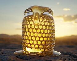 Golden Honey Jar A Close-Up Image of a Glass Jar Filled with Fresh, Natural Honey, Showcasing the Honeycomb Texture and Golden Color, Against a Sunset Landscape Perfect for Food Blogs, Health and photo