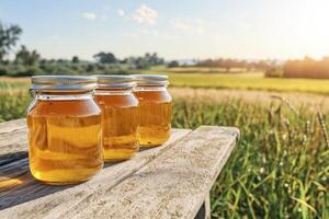 Golden Honey in Glass Jars Displayed on Rustic Wooden Table Against a Backdrop of Rolling Green Fields and a Clear Blue Sky A Natural and Healthy Indulgence, Capturing the Essence of Summer's Bounty photo